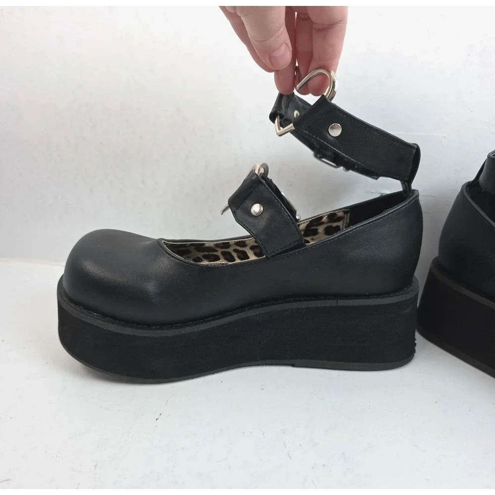 Demonia‎ Sprite-02 Women's Size 8 Black Mary Janes Heart Buckles Platform Goth